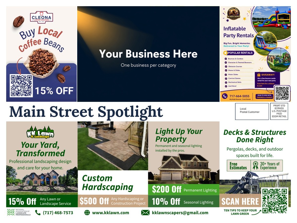 Front of the Hershey & Hummelstown mailer, featuring local businesses with an open ad slot