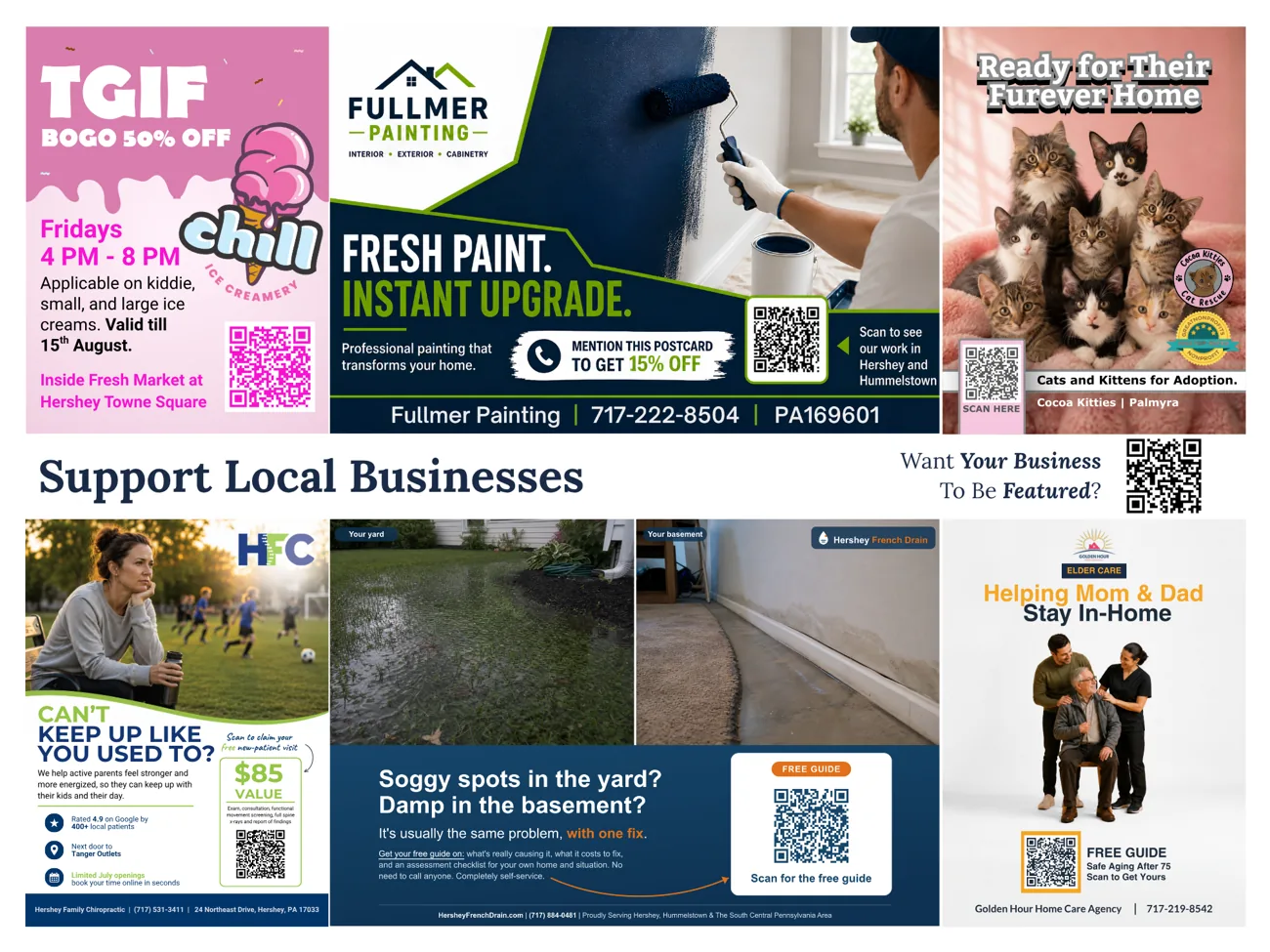 Back of the Hershey and Hummelstown shared mailer, with ads for an ice creamery, painter, cat rescue, chiropractor, our Hershey French Drain ad, and a home care agency