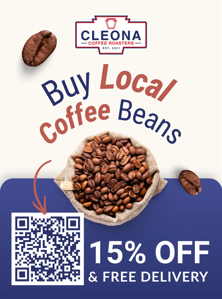 The Cleona Coffee Roasters ad on the shared mailer, with a QR code and a 15% off plus free delivery offer