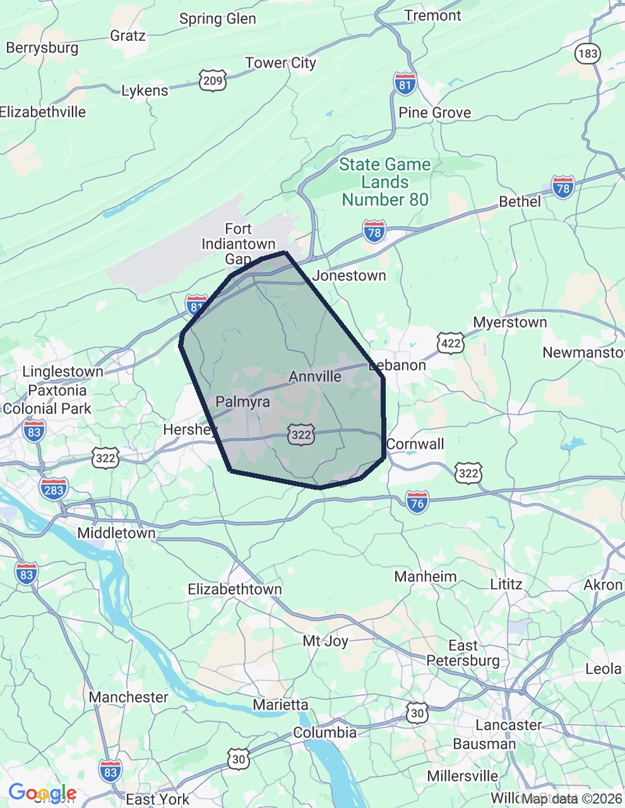 Map of the Annville and Palmyra delivery routes