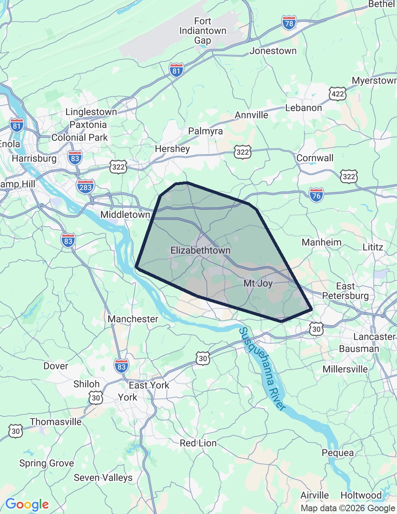 Map of the Elizabethtown and Mount Joy delivery routes