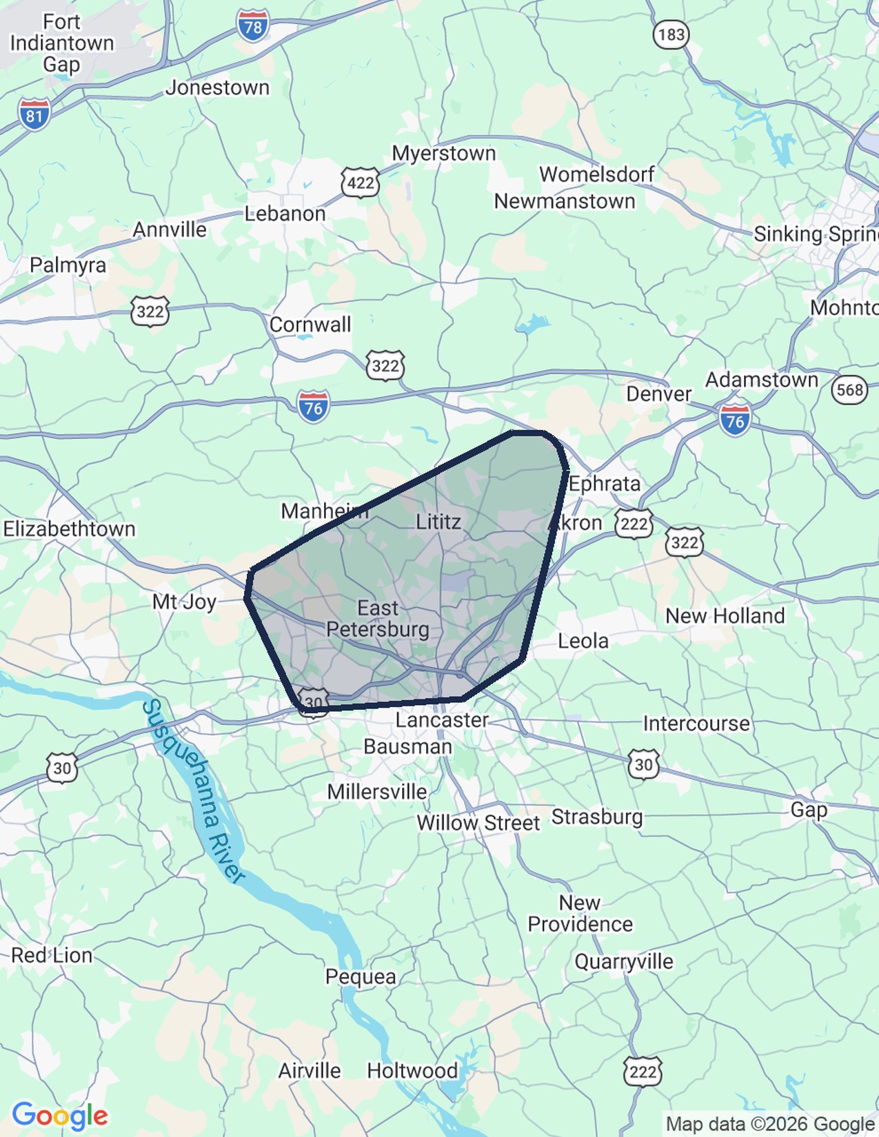 Map of the Lititz and Manheim Township delivery routes